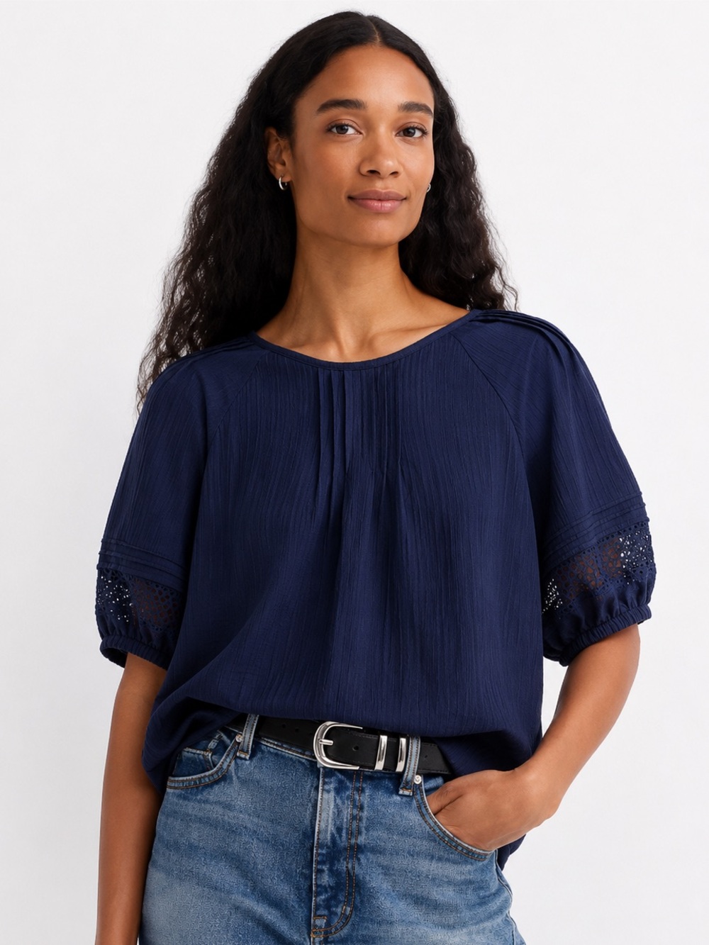 LOFT Navy Pintuck Lace Trim Balloon Sleeve Blouse XS NWT